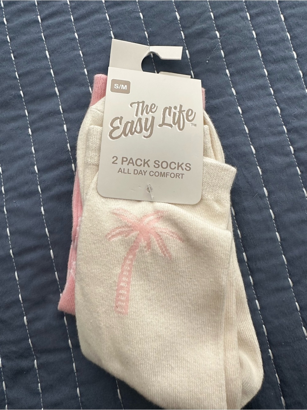 The Easy Life 2 pk crew socks s/m pink beige palm tree print NWT